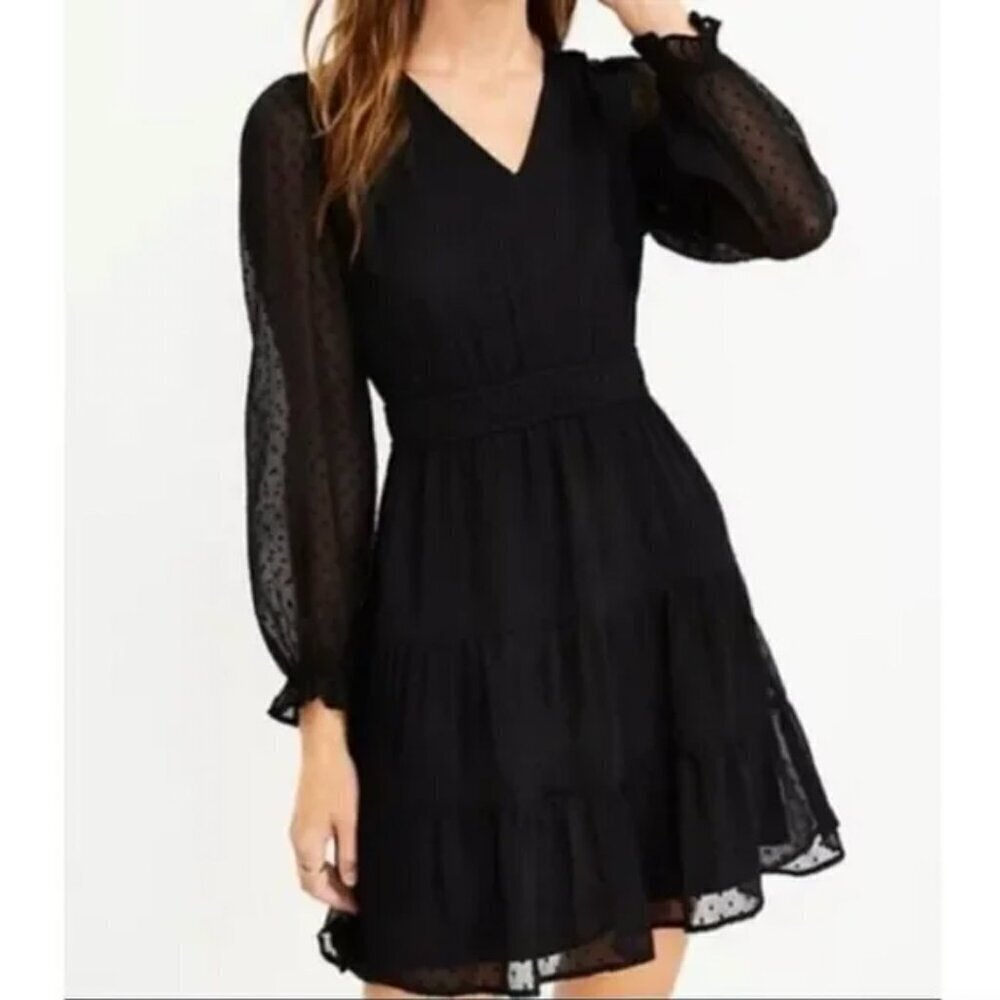 Loft Petite Black Clip Dot Long Sleeve Smocked Waist Dress Size 16P